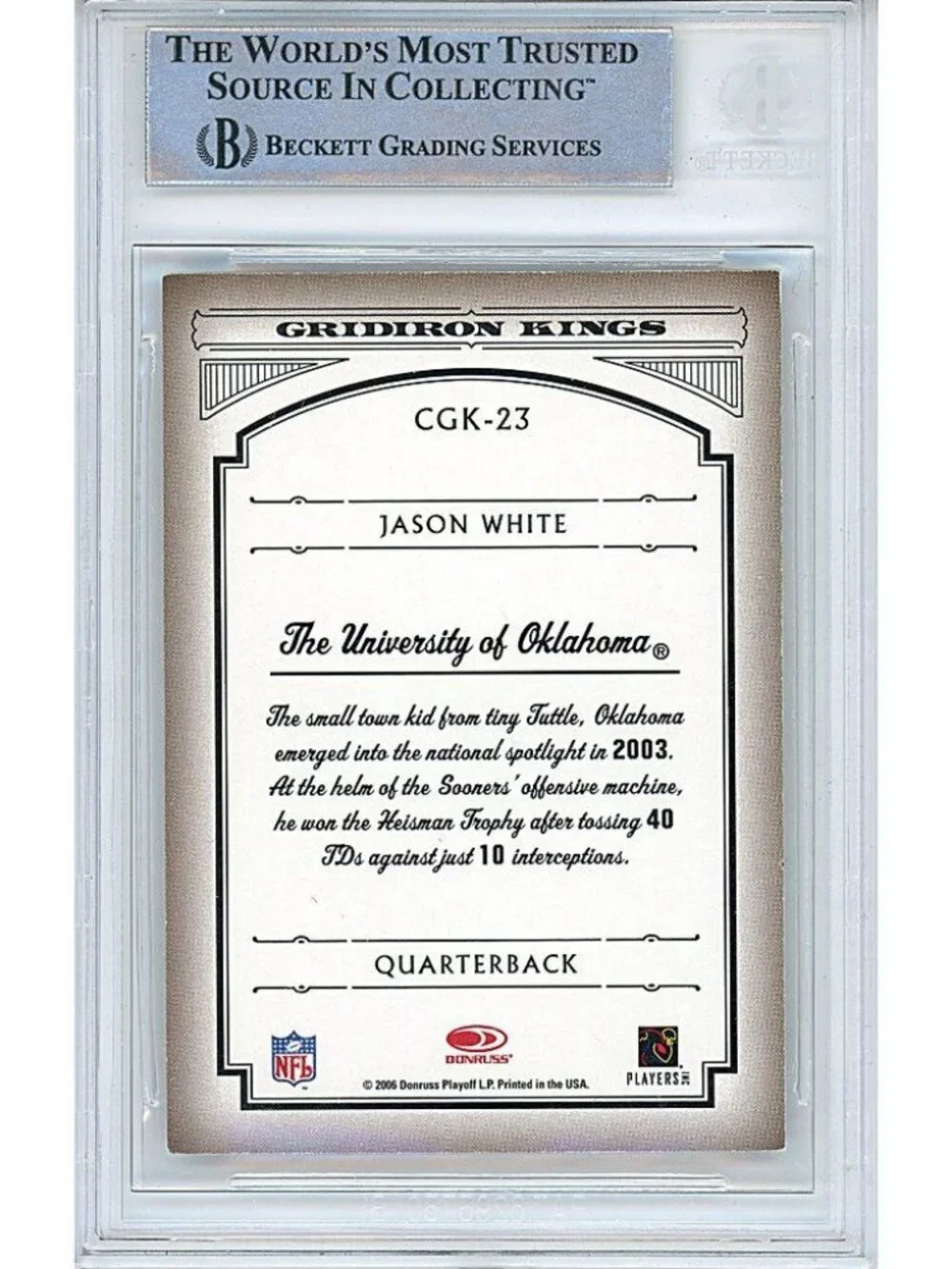 Jason White Signed OU Sooners Heisman 2006 Gridiron Kings Card Beckett Autograph